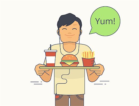 Happy guy holds a tray with big hamburger, french fries and milkshake and going to eat it. Isolated on white with green bubble and text yum Stock Photo - Budget Royalty-Free & Subscription, Code: 400-08530847