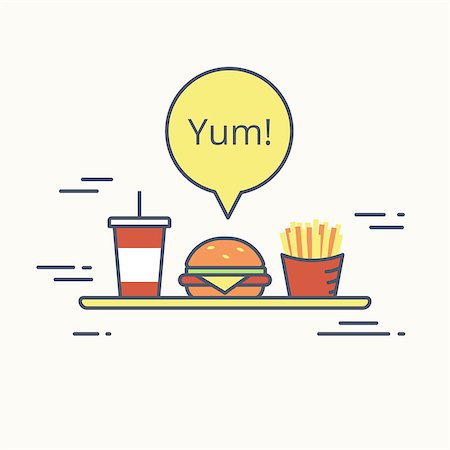 simsearch:400-08997991,k - Big burger with french fries and milk shake on the tray. Flat line illustration of junk food with yellow speech bubble and text yum isolated on white Foto de stock - Super Valor sin royalties y Suscripción, Código: 400-08530848