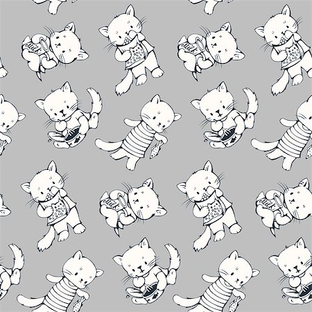 Seamless pattern - funny cartoon kittens. Black and white drawing.  Vector illustration. Stock Photo - Budget Royalty-Free & Subscription, Code: 400-08531219