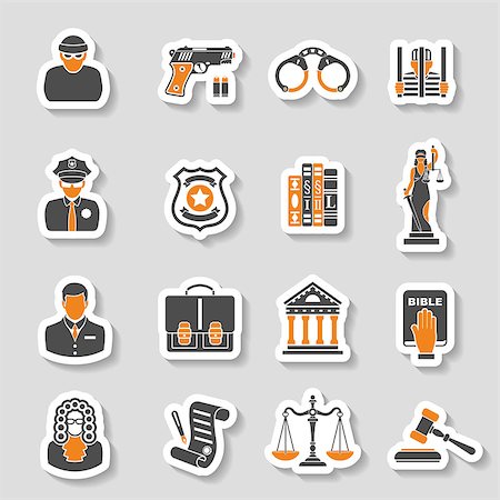 simsearch:400-04955113,k - Set Crime and Punishment Icons Sticker Set for Flyer, Poster, Web Site  like Thief, Policeman, Lawyer, Judge, Handcuffs, Themis and prison. Foto de stock - Royalty-Free Super Valor e Assinatura, Número: 400-08531337