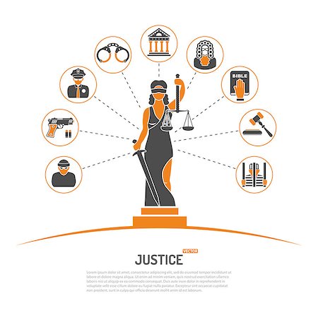 simsearch:400-08624071,k - Concept with Lady Justice Statue and Flat Icons for Flyer, Poster, Web Site like Policeman, Thief, Judge, and Prison. Stock Photo - Budget Royalty-Free & Subscription, Code: 400-08531344