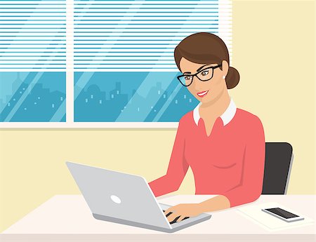 simsearch:400-08530598,k - Business woman wearing rose shirt sitting in the office and working with laptop. Flat illustration of business people at work desk Stock Photo - Budget Royalty-Free & Subscription, Code: 400-08532185