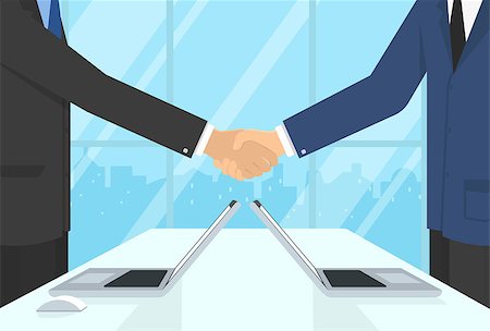 Two businessmen wearing suits and staying in the office do handshake and just agreed a deal. Flat illustration of business or financial partnership Stock Photo - Budget Royalty-Free & Subscription, Code: 400-08532186