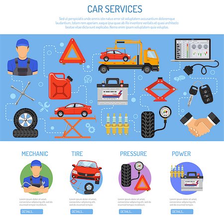 simsearch:400-04118804,k - Car Service Infographics with Flat Icons for Poster, Web Site, Advertising like Laptop, Tow, Battery, Jack, Mechanic. Photographie de stock - Aubaine LD & Abonnement, Code: 400-08532366