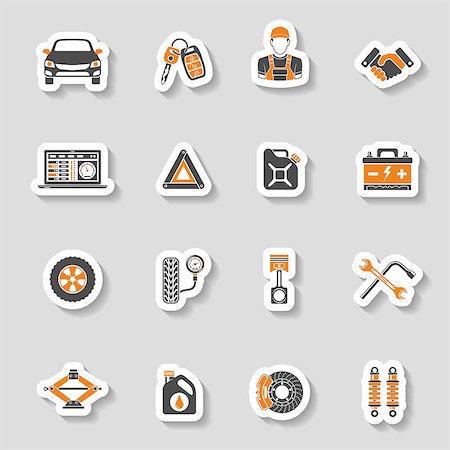 simsearch:400-04118804,k - Car Service Icons Sticker Set for Poster, Web Site, Advertising like Laptop, Battery, Jack and Mechanic. Photographie de stock - Aubaine LD & Abonnement, Code: 400-08532370