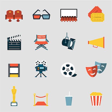 simsearch:400-08709856,k - Cinema icons flat. Making film and watch movie in the cinema icons collection Stock Photo - Budget Royalty-Free & Subscription, Code: 400-08532393