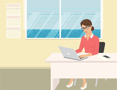 simsearch:400-08530598,k - Business woman wearing rose shirt sitting in the office and working with laptop. Flat illustration of business people at work desk Stock Photo - Budget Royalty-Free & Subscription, Code: 400-08533169
