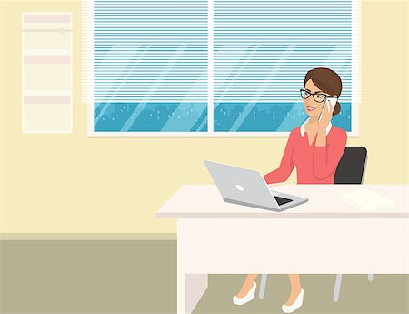 Business woman wearing rose shirt sitting in the office and talking by cellphone. Flat illustration of business people at work desk Stock Photo - Budget Royalty-Free & Subscription, Code: 400-08533170