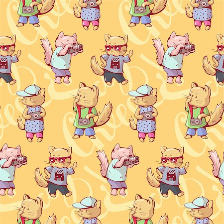 Seamless pattern - funny cartoon kittens with cameras. Hand-drawn illustration. Vector. Stock Photo - Budget Royalty-Free & Subscription, Code: 400-08533173