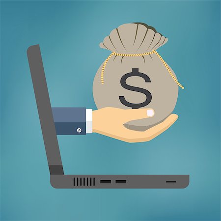 Hand with money bag comes from the screen of laptop. Also available as a Vector in Adobe illustrator EPS 10 format. Stock Photo - Budget Royalty-Free & Subscription, Code: 400-08533294