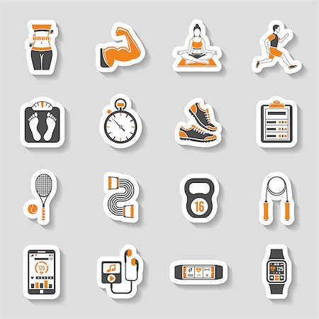 simsearch:400-07976328,k - Fitness, Gym, Health Sticker Icons Set for Mobile Applications, Web Site, Advertising like Yoga, Runner, Weight and Gadgets. Foto de stock - Royalty-Free Super Valor e Assinatura, Número: 400-08533606
