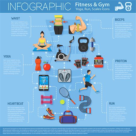 simsearch:400-08532856,k - Fitness, Gym, Cardio, Yoga, Healthy Lifestyle Infographics for Mobile Applications, Web Site, Advertising with Exercise Bike, Dambbells and Gadgets. Stock Photo - Budget Royalty-Free & Subscription, Code: 400-08533609