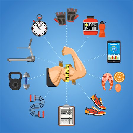simsearch:400-08532856,k - Fitness, Gym, Cardio, Healthy Lifestyle Concept for Mobile Applications, Web Site, Advertising with Treadmill, Biceps, Protein and Food Icons. Stock Photo - Budget Royalty-Free & Subscription, Code: 400-08533603