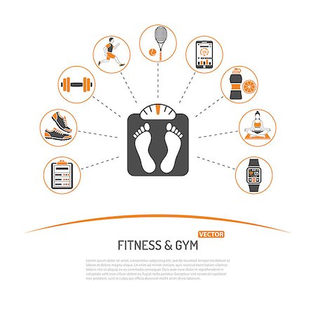 simsearch:400-07976328,k - Fitness, Gym, Health Concept for Mobile Applications, Web Site, Advertising like Yoga, Runner, Weight and Gadgets Icons. Foto de stock - Royalty-Free Super Valor e Assinatura, Número: 400-08533616