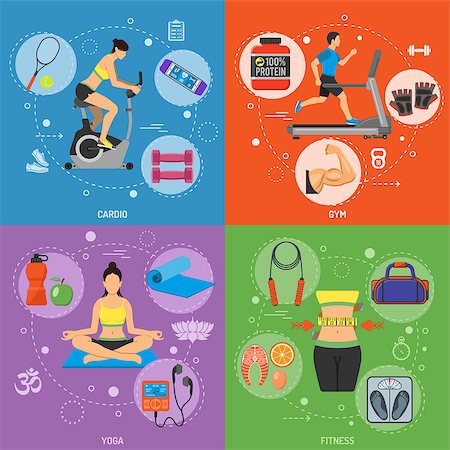 simsearch:400-08532856,k - Fitness, Gym, Cardio, Yoga, Healthy Lifestyle Banners for Mobile Applications, Web Site, Advertising with Exercise Bike, Treadmill and Gadgets. Stock Photo - Budget Royalty-Free & Subscription, Code: 400-08533618