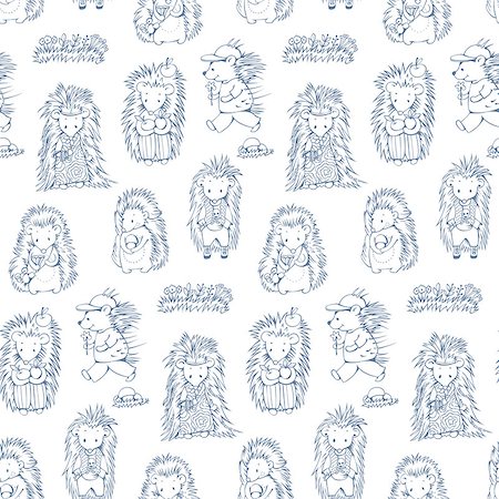 simsearch:400-08531661,k - Black and white seamless pattern with cartoon hedgehogs. Hand-drawn illustration. Vector. Fotografie stock - Microstock e Abbonamento, Codice: 400-08533929
