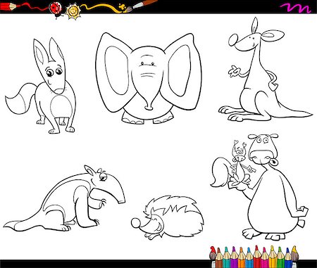 simsearch:400-08406201,k - Black and White Cartoon Illustration of Wild Animal Characters Set Coloring Book Foto de stock - Super Valor sin royalties y Suscripción, Código: 400-08554074