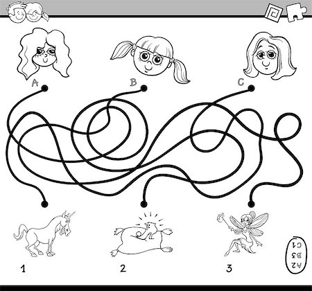 simsearch:400-08916719,k - Black and White Cartoon Illustration of Educational Paths or Maze Puzzle Activity for Preschool Children with Little Girls Coloring Book Stock Photo - Budget Royalty-Free & Subscription, Code: 400-08554077
