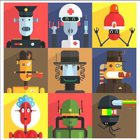 doctor and police officer images - Cartoon Robots Of Different Professions  Isolated On Colorful Backgrounds In Childish Weird Vector Design Illustration Stock Photo - Budget Royalty-Free & Subscription, Code: 400-08554257