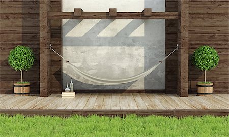 pilastra - Garden in rustic style with wooden wall and hammock- 3d rendering Foto de stock - Royalty-Free Super Valor e Assinatura, Número: 400-08554325