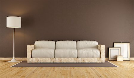 simsearch:400-07797413,k - Brown living room with  old wooden sofa and white cushion - 3d rendering Foto de stock - Royalty-Free Super Valor e Assinatura, Número: 400-08554326