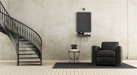 Vintage room with staircase and leather armchair - 3d rendering Foto de stock - Super Valor sin royalties y Suscripción, Código: 400-08554327