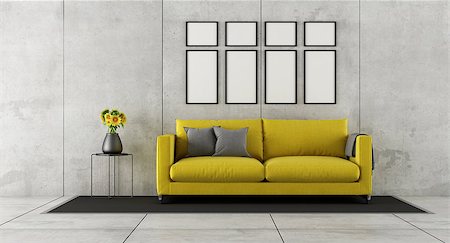 Concrete living room with yellow couch and blank frames on wall - 3d rendering Stock Photo - Budget Royalty-Free & Subscription, Code: 400-08554328