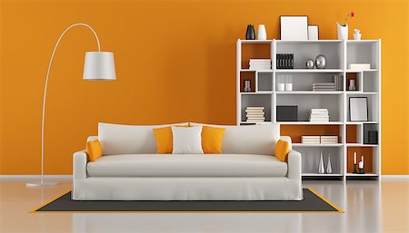 simsearch:400-08797073,k - Orange modern living room with white sofa and bookcase - 3d rendering Photographie de stock - Aubaine LD & Abonnement, Code: 400-08554330