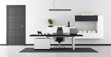 Black and white modern office with closed door and wall unit on wall - 3d rendering Stockbilder - Microstock & Abonnement, Bildnummer: 400-08554331