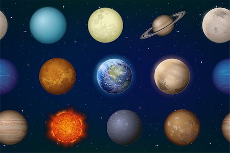 simsearch:400-04545678,k - Space Seamless Background with Solar System Planets Sun, Earth, Moon, Mercury, Venus, Mars, Jupiter, Saturn, Uranus, Neptune, Pluto and Charon. Elements Furnished by NASA, http://solarsystem.nasa.gov Stock Photo - Budget Royalty-Free & Subscription, Code: 400-08554409