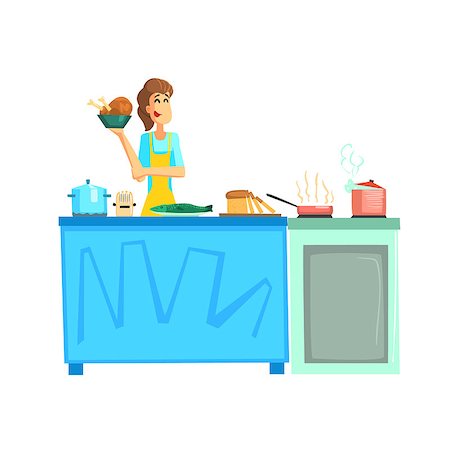 frying chicken in pan - Cooking Contest Female Participant Fun Illustration In Simple Childish Style Flat Vector Design On White Background Stock Photo - Budget Royalty-Free & Subscription, Code: 400-08554485