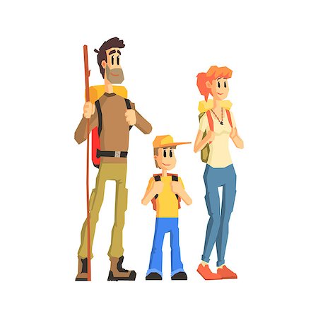 Family Of Three Ready For Hike Flat Vector Simplified Childish Cartoon Style Illustration Isolated On White Background Stock Photo - Budget Royalty-Free & Subscription, Code: 400-08554592