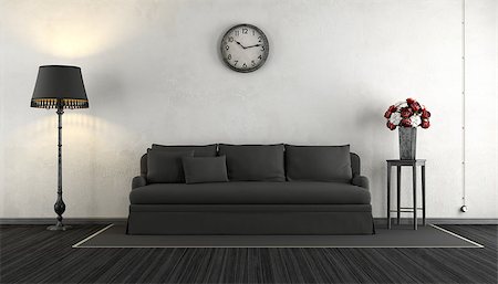 simsearch:400-07574774,k - Black and white vintage living room with elegant sofa ,floor lamp and flowers - 3d rendering Fotografie stock - Microstock e Abbonamento, Codice: 400-08554640