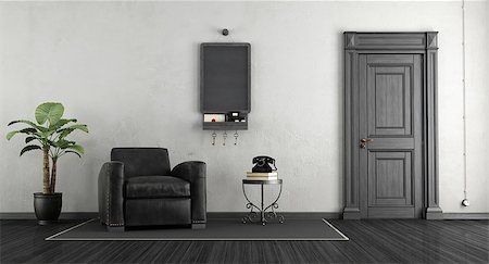 simsearch:400-06396983,k - Black and white home entrance with leather armchair and blackboard on wall - 3d rendering Stock Photo - Budget Royalty-Free & Subscription, Code: 400-08554641