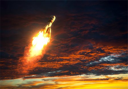 Carrier Rocket Takes Off On A Background Of Red Clouds. 3D Scene. Stock Photo - Budget Royalty-Free & Subscription, Code: 400-08554711