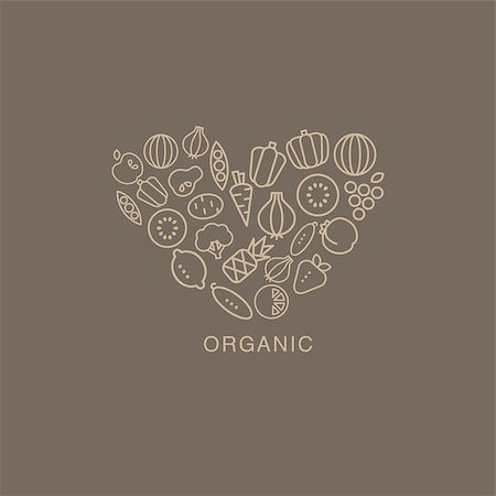 Heart Shaped Logo Composed Of Fruits And Vegetables Drawn In Contour Flat Vector Creative Design Image On Brown Background Stock Photo - Budget Royalty-Free & Subscription, Code: 400-08555094