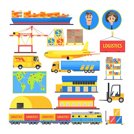 simsearch:400-08499668,k - Logistic Flat Vector Drawn Elements and Transportations Colorful Infographic On White Background Stock Photo - Budget Royalty-Free & Subscription, Code: 400-08555114