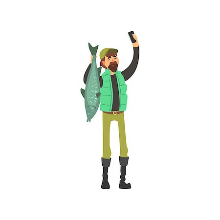 fisherman, big fish - Fisherman Taking Selfie Childish Style Flat Vector Drawing On White Background Stock Photo - Budget Royalty-Free & Subscription, Code: 400-08555174