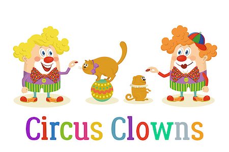 Set of Cheerful Kind Circus Clowns in Colorful Clothes with Trained Animals, Dog and Cat, Holiday Illustration, Funny Cartoon Characters, Isolated on White Background. Vector Stock Photo - Budget Royalty-Free & Subscription, Code: 400-08555334