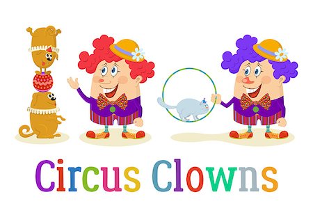 simsearch:400-06200072,k - Set of Cheerful Kind Circus Clowns in Colorful Clothes with Trained Animals, Dogs and Cat, Holiday Illustration, Funny Cartoon Characters, Isolated on White Background. Vector Stock Photo - Budget Royalty-Free & Subscription, Code: 400-08555332