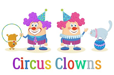 simsearch:400-06200072,k - Set of Cheerful Kind Circus Clowns in Colorful Clothes with Trained Animals, Dog and Cat, Holiday Illustration, Funny Cartoon Characters, Isolated on White Background. Vector Stock Photo - Budget Royalty-Free & Subscription, Code: 400-08555333