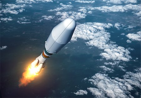 pictures of rockets blasting off to color - Heavy Carrier Rocket Launch In The Clouds. 3D Illustration. Stock Photo - Budget Royalty-Free & Subscription, Code: 400-08555392