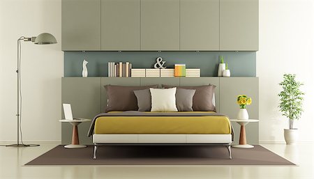 simsearch:400-07796866,k - Contemporary bedroom with double bed and niche with books - 3d rendering Stock Photo - Budget Royalty-Free & Subscription, Code: 400-08555454