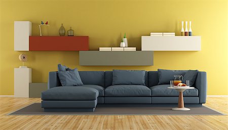 simsearch:400-07797413,k - Modern living room with blue sofa and colorful wall unit on yellow wall - 3d rendering Foto de stock - Royalty-Free Super Valor e Assinatura, Número: 400-08555455