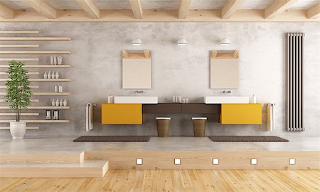 simsearch:400-06396170,k - Minimalist bathroom with double wahbasin on cement platform - 3D Rendering Photographie de stock - Aubaine LD & Abonnement, Code: 400-08555453