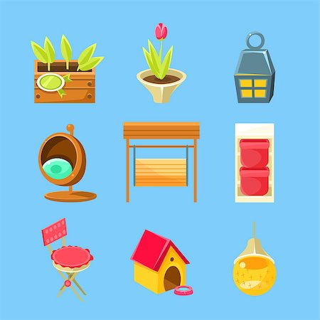 swing bench - Garden Stuff Set Of Flat Isolated Vector Simplified Bright Color Design Icons On Blue Background Stock Photo - Budget Royalty-Free & Subscription, Code: 400-08555609