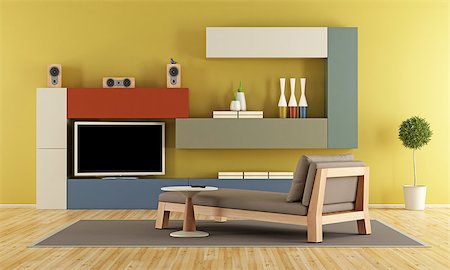 simsearch:400-06396170,k - Contemporary Living room with colorful wall unit with tv and daybed - 3d rendering Photographie de stock - Aubaine LD & Abonnement, Code: 400-08555976