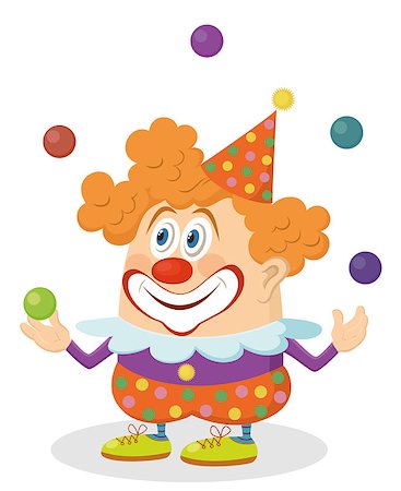 simsearch:400-04848742,k - Cheerful kind circus clown in colorful clothes juggling balls, holiday illustration, funny cartoon character, isolated on white background. Vector Stock Photo - Budget Royalty-Free & Subscription, Code: 400-08555995