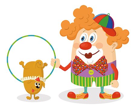 simsearch:400-09120523,k - Cheerful kind circus clown in colorful clothes with hoop, through which jumping trained dog, holiday illustration, funny cartoon character isolated on white background. Vector Stock Photo - Budget Royalty-Free & Subscription, Code: 400-08555993