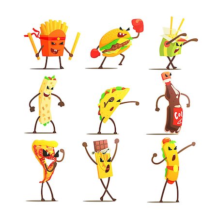 Fast Food Cartoon Characters  Flat Vector Design Cute Funny Childish Style Set Of Icons On White Background Stock Photo - Budget Royalty-Free & Subscription, Code: 400-08556037